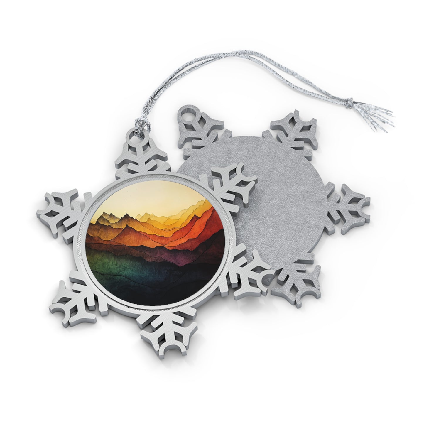 Pewter Snowflake Ornament --Sunset Mountain Landscape