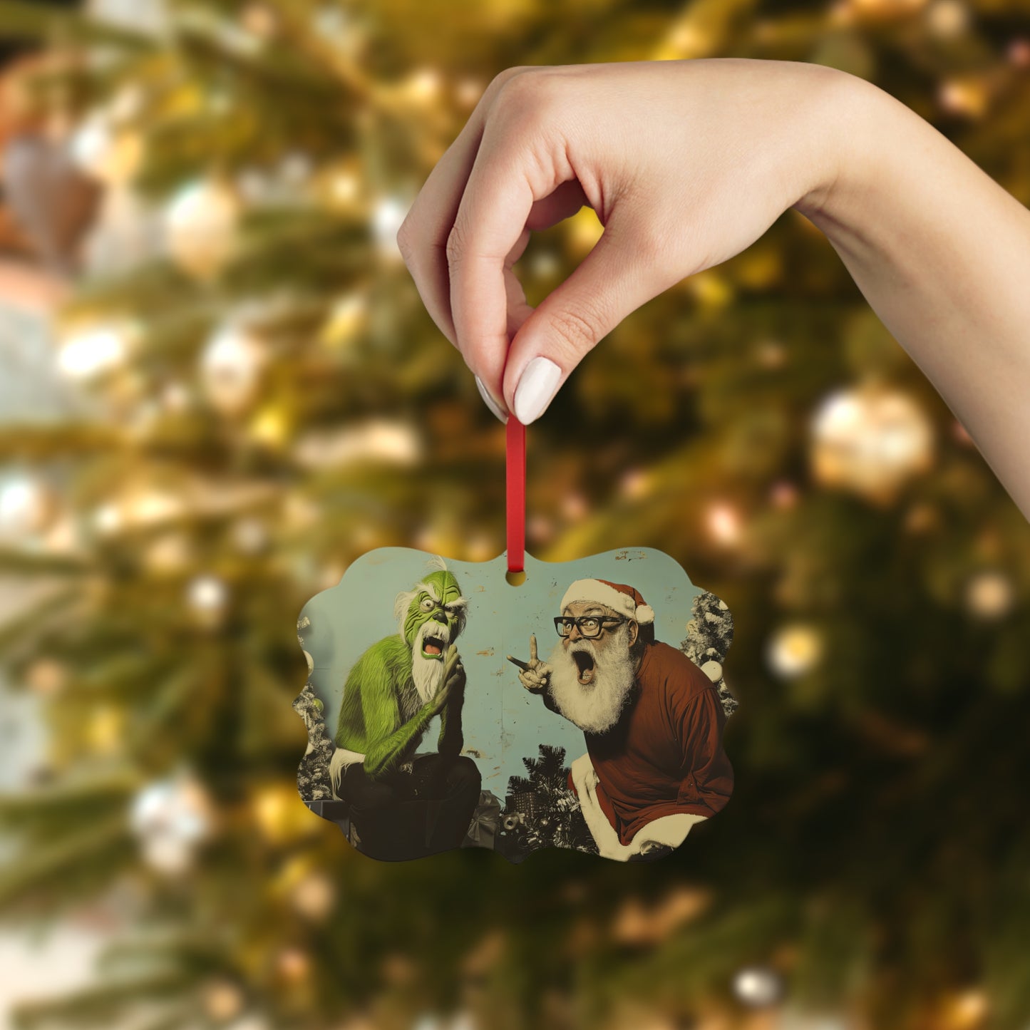 Metal Plaque Ornament --Santa & Grinch Showdown