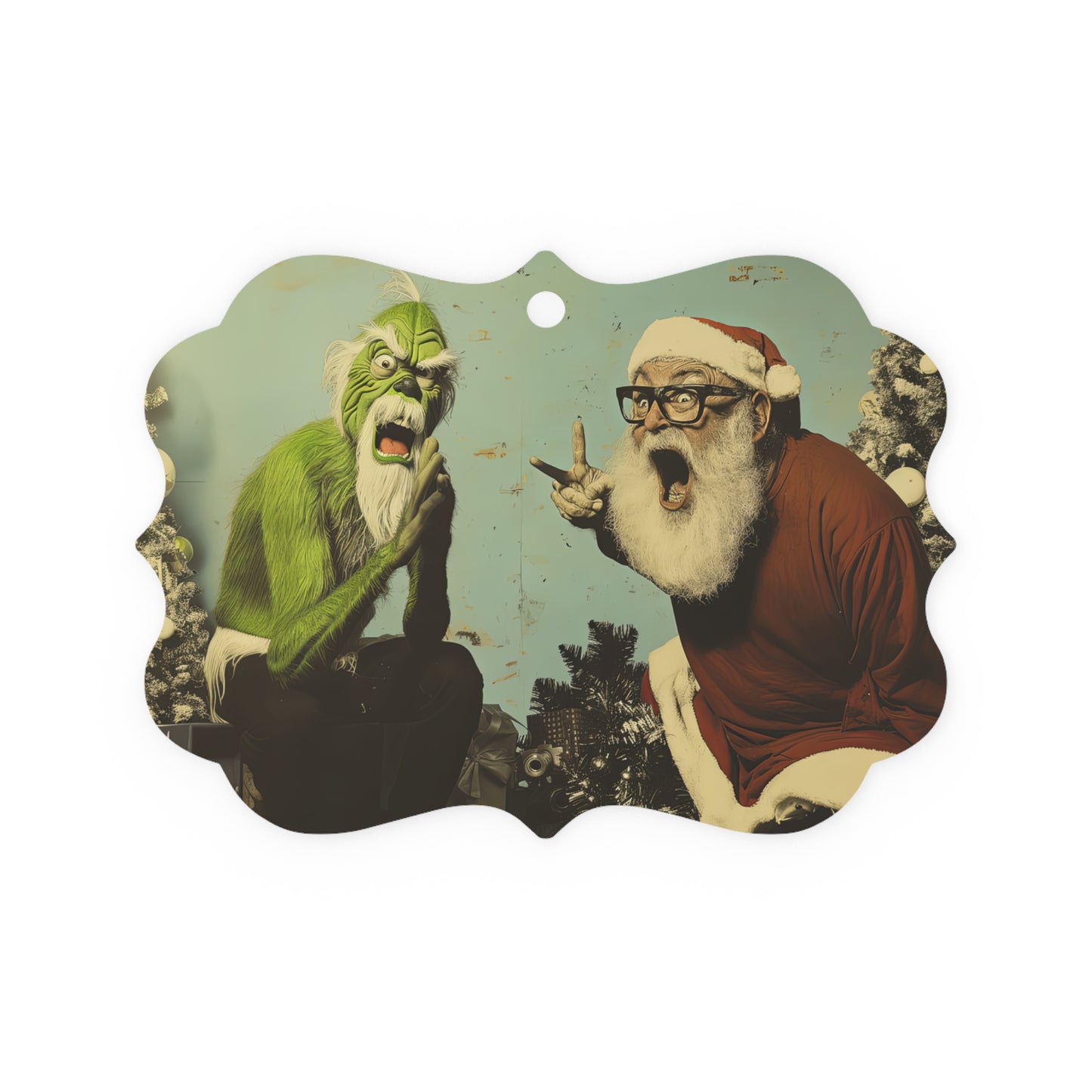 Metal Plaque Ornament --Santa & Grinch Showdown