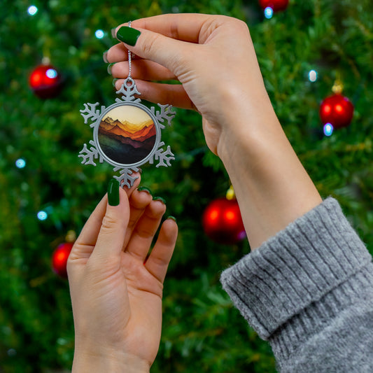 Pewter Snowflake Ornament --Sunset Mountain Landscape