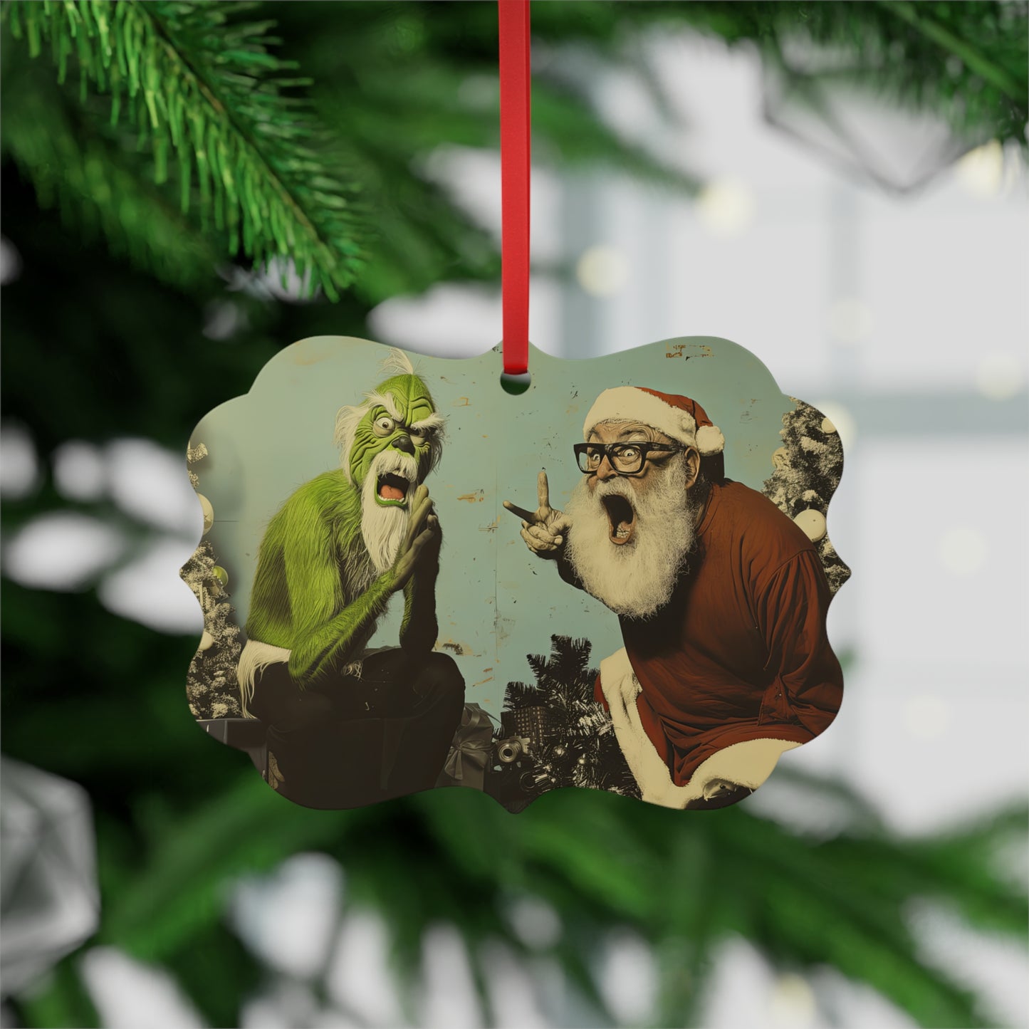 Metal Plaque Ornament --Santa & Grinch Showdown